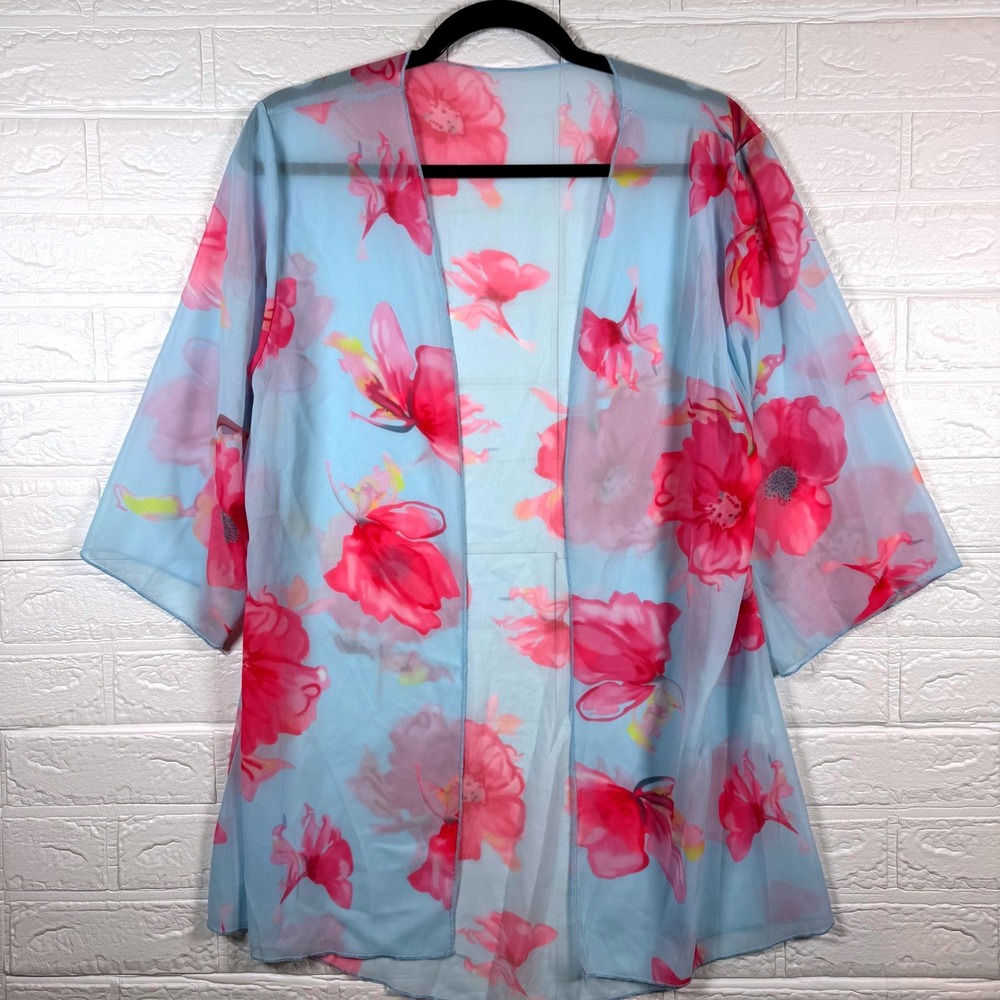 Sheer Floral Kimono Cardigan Women One Size Blue Pink Cover Up